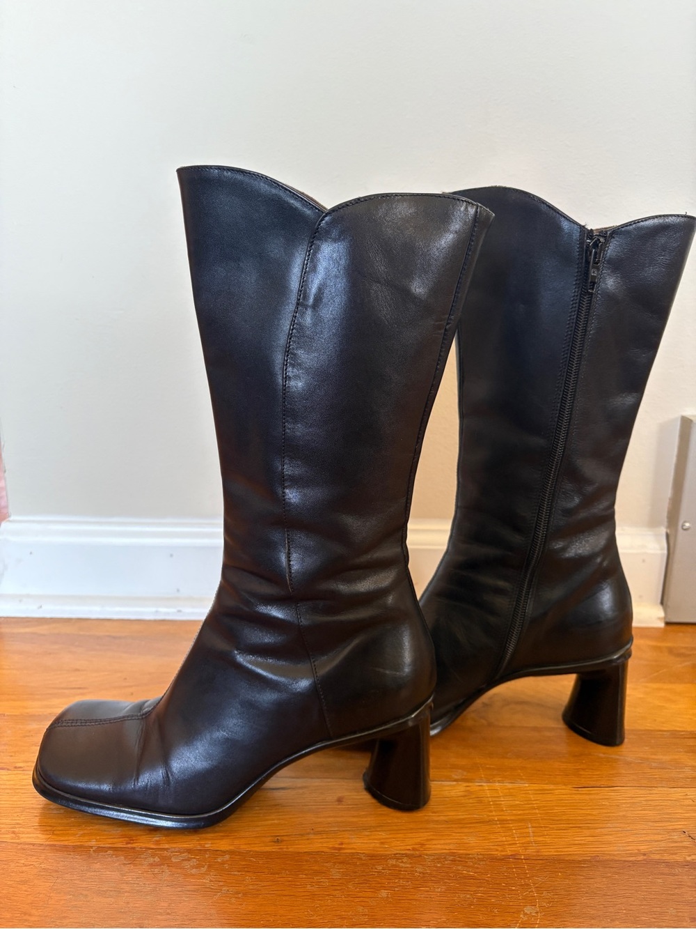 Black Mid-Calf Leather Block Heel Boots